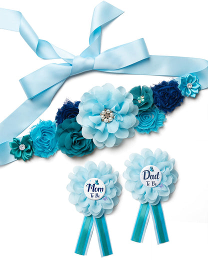 HOTBaby Shower Sash Decorations Mom to Be Corsage Gift Dad to Be Pin 3Pack Set Flower Belt for Maternity Dress - Gender Reveal Pregnancy Photo Props