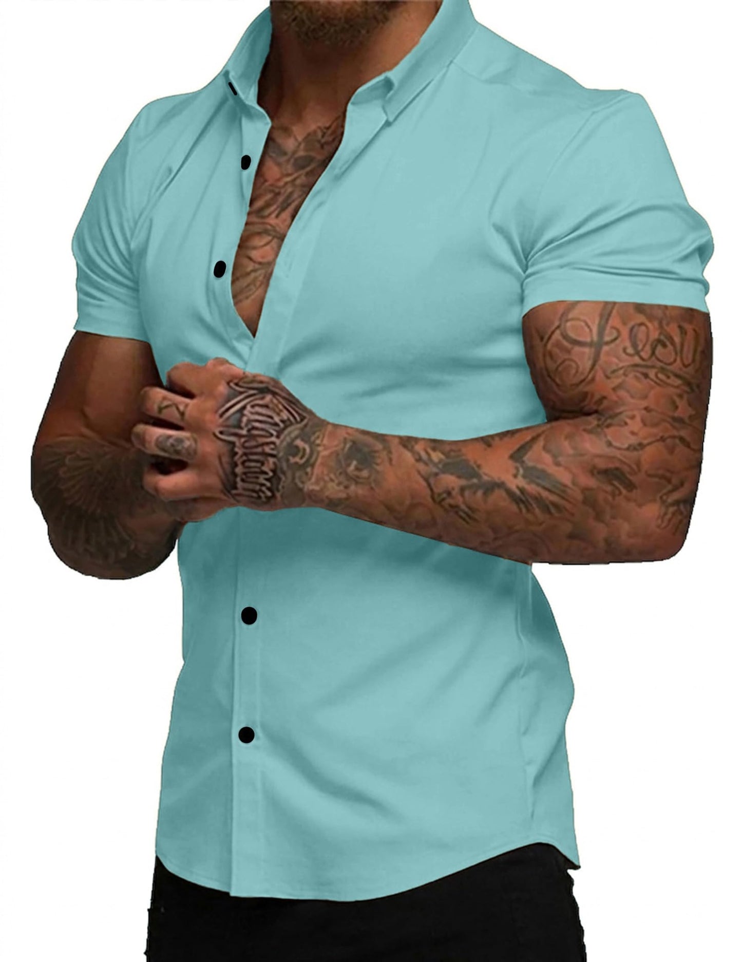 HOTJMIERR Men's Muscle Fit High Stretch Wrinkle-Free Button Down Dress Shirts Summer Casual Short Sleeve Shirt