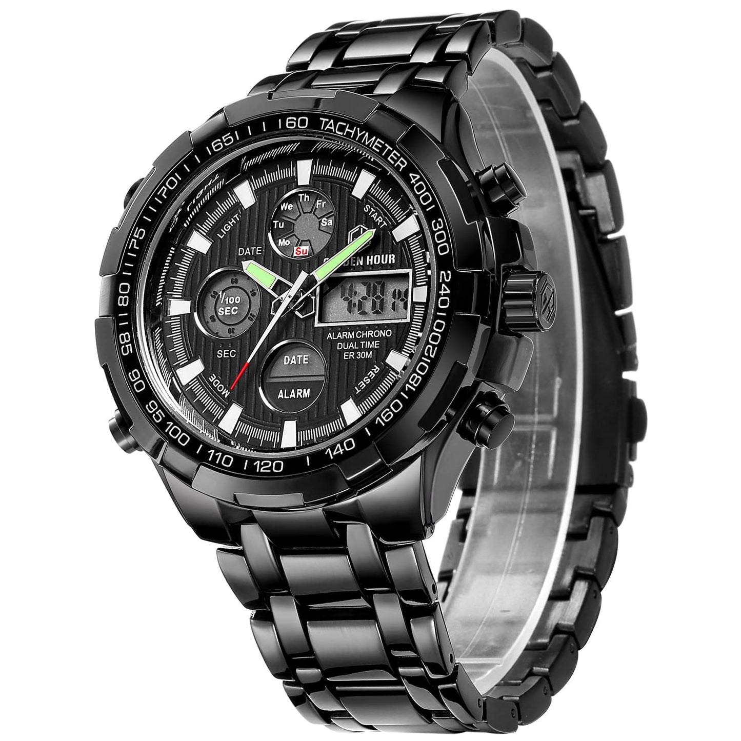 HOTGOLDEN HOUR Luxury Stainless Steel Analog Digital Watches for Men Male Outdoor Sport Waterproof Big Heavy Wristwatch