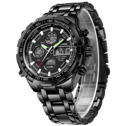 HOTGOLDEN HOUR Luxury Stainless Steel Analog Digital Watches for Men Male Outdoor Sport Waterproof Big Heavy Wristwatch