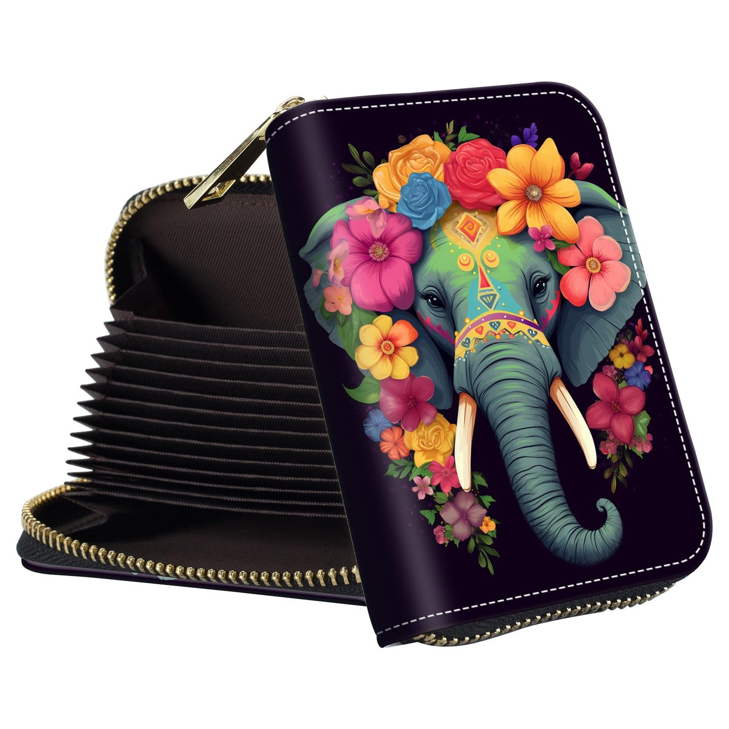 HOTSmall Wallet for Women Credit Card Holder,RFID Leather Business Card Case Wallet with Zipper Design for Women Men Gifts-Butterflies and Elephants