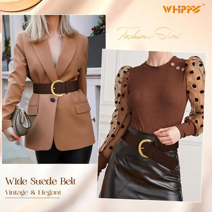 HOTWHIPPY Women’s Wide Leather Belt for Dresses Fashion Casual Laides Thick Suede Belt with Gold Buckle