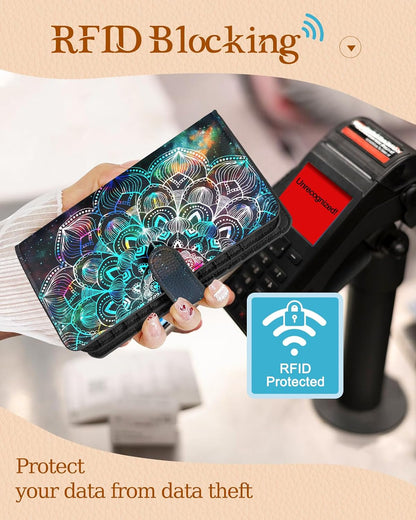 HOTBistup 46 Slots Credit Card Holder Wallet for Women, Hena | Large Capacity Organizer, Leather, RFID Blocking, ID Window, 7 Cash Slots, Snap Closure, Cute Prints, Daily Carry