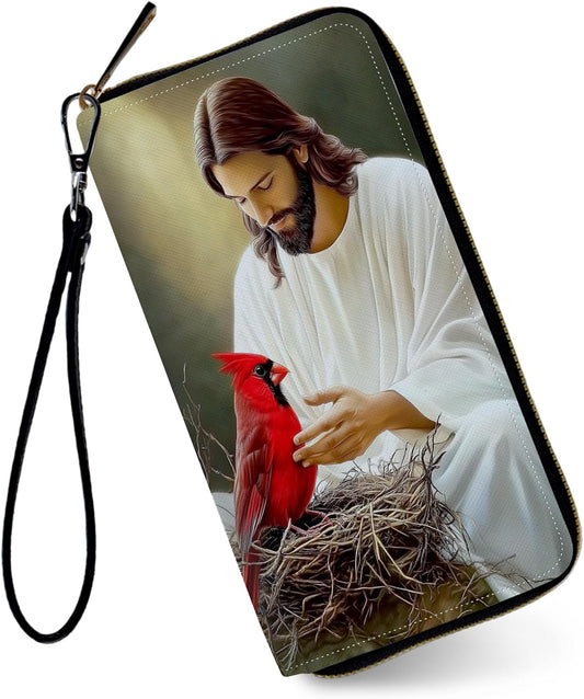 HOTRFID Wristlet Wallet for Women, Jesus Red Cardinal | Large Capacity PU Leather RFID Blocking Clutch with Detachable Wristlet, Secure Zip Around Credit Card Holder & Organizer