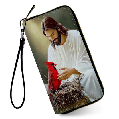 HOTRFID Wristlet Wallet for Women, Jesus Red Cardinal | Large Capacity PU Leather RFID Blocking Clutch with Detachable Wristlet, Secure Zip Around Credit Card Holder & Organizer