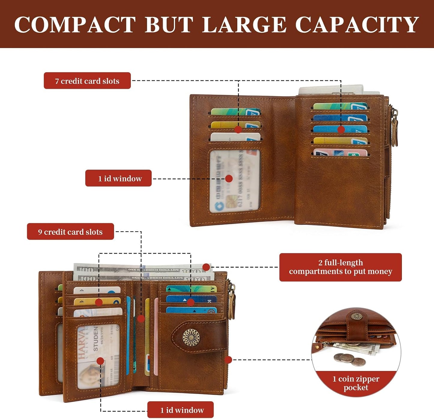 HOTRFID Wallet Women,Bifold Leather Womens Wallet,Compact Designer Carteras Para Mujer Card Holder with Removable ID Window(darkbrown)
