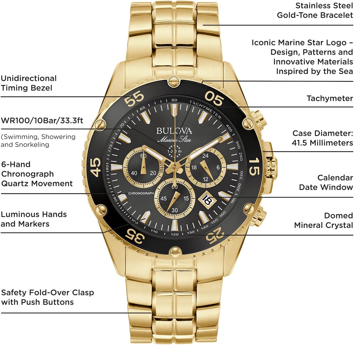 HOTBulova Men's Marine Star Gold Chronograph Stainless Steel Watch, Black Dial Style: 98B406
