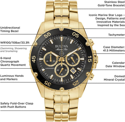 HOTBulova Men's Marine Star Gold Chronograph Stainless Steel Watch, Black Dial Style: 98B406