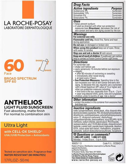 HOTAnthelios Light Fluid Facial Sunscreen SPF 60, Lightweight Sunscreen for Face, Fluid Texture, Broad Spectrum SPF