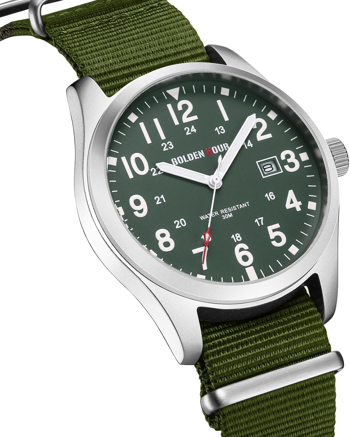 HOTGOLDEN HOUR Men's Nylon Slip-Thru Strap Watch with Military Time Easy Read Dial Glowing Hands