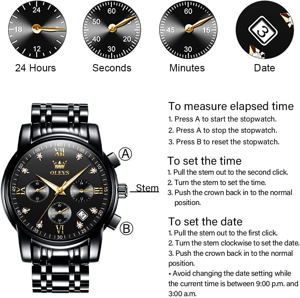 HOTOLEVS Men's Stainless Steel Chronograph Watch, Big Face Gold Silver Black Tone Easy to Read Analog Quartz Watch, Luxury Waterproof Date Diamond Roman Arabic Numerals Dial Dress Watch for Men