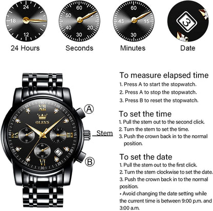 HOTOLEVS Men's Stainless Steel Chronograph Watch, Big Face Gold Silver Black Tone Easy to Read Analog Quartz Watch, Luxury Waterproof Date Diamond Roman Arabic Numerals Dial Dress Watch for Men