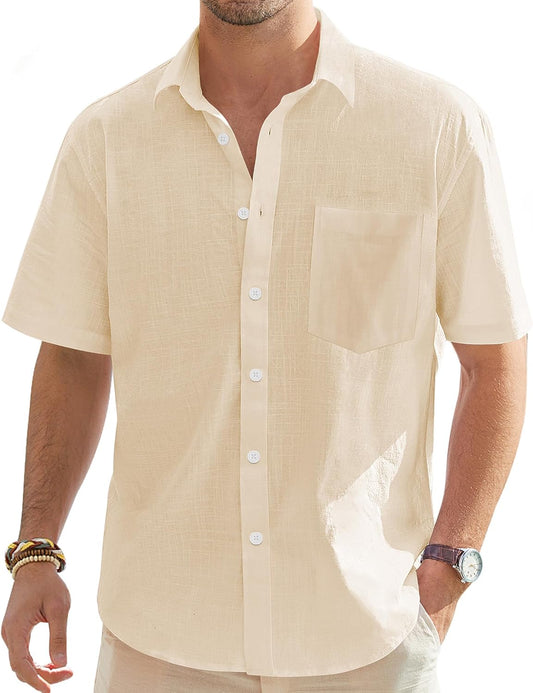 HOTJ.VER Mens Linen Shirt Short Sleeve Button Down Casual Summer Shirts | Cotton Linen, Untucked, Big Tall, from Beach Camp Vacation, Cruise Fishing, Work Office, to Wedding Party Family, with Pocket