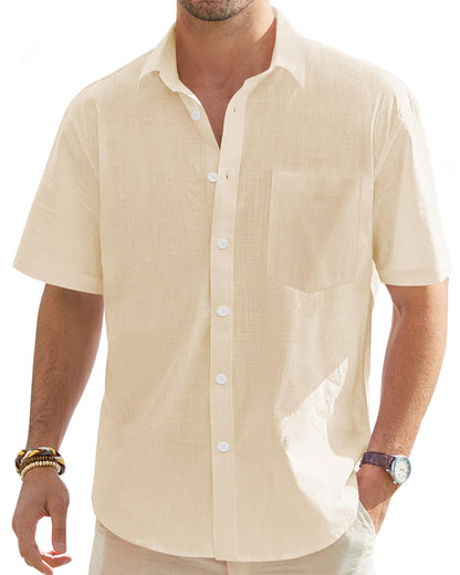 HOTJ.VER Mens Linen Shirt Short Sleeve Button Down Casual Summer Shirts | Cotton Linen, Untucked, Big Tall, from Beach Camp Vacation, Cruise Fishing, Work Office, to Wedding Party Family, with Pocket