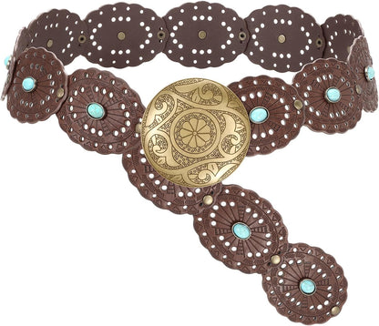 HOTSUOSDEY Wide Western Disc Belt with Turquoise Women Cowgirl Cowboy Boho Country Leather Belts for Jeans Dress, Width 2.36"