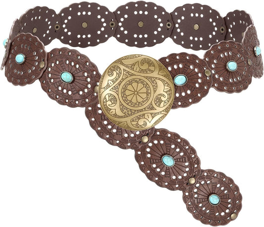 HOTSUOSDEY Wide Western Disc Belt with Turquoise Women Cowgirl Cowboy Boho Country Leather Belts for Jeans Dress, Width 2.36"