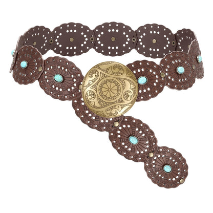 HOTSUOSDEY Wide Western Disc Belt with Turquoise Women Cowgirl Cowboy Boho Country Leather Belts for Jeans Dress, Width 2.36"