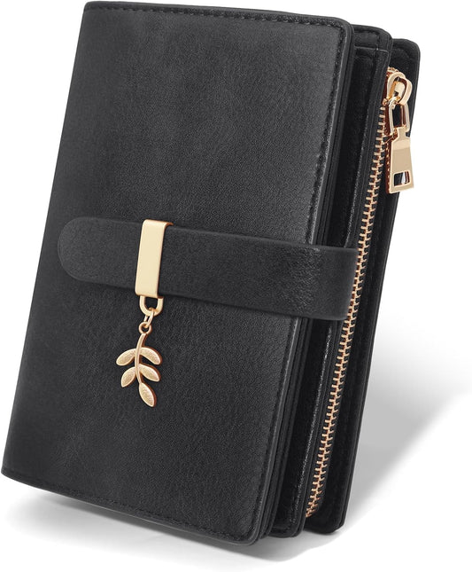 HOTWomen Trifold RFID Blocking Wallet, PU Leather Large Capacity Card Holder Ladies Wallet with Clear ID Window for Daily Travel Black