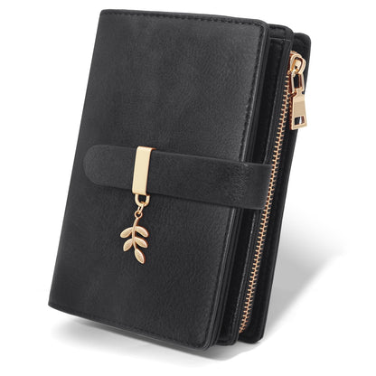 HOTWomen Trifold RFID Blocking Wallet, PU Leather Large Capacity Card Holder Ladies Wallet with Clear ID Window for Daily Travel Black