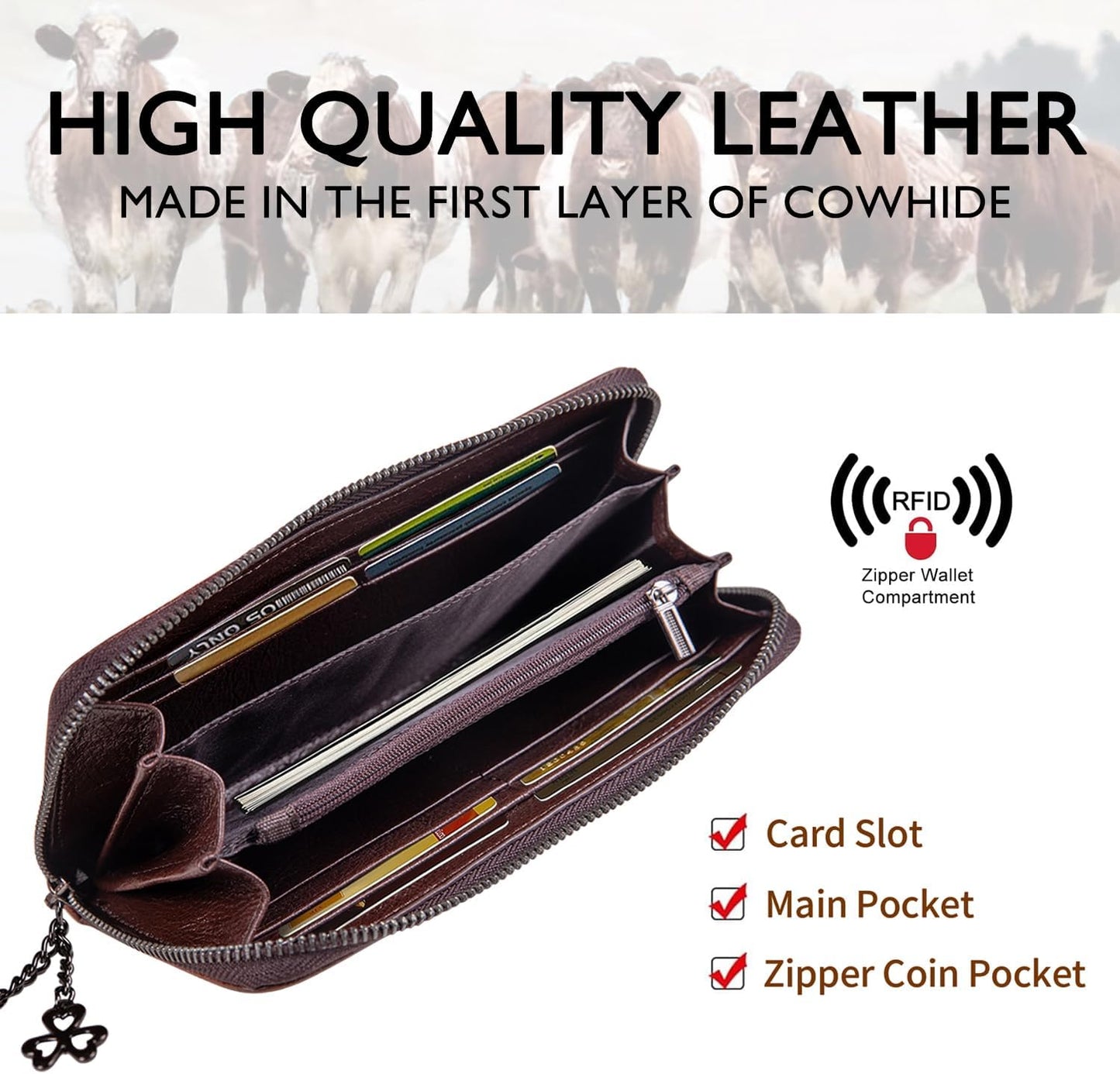 HOTWallet Genuine Leather for Women - with RFID Blocking Card checkbook ID Slot Large Capacity Vintage style (flower brown)