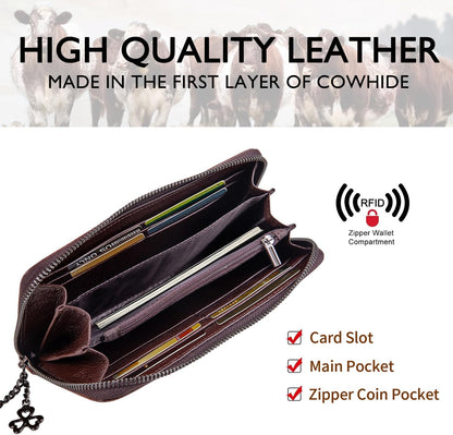 HOTWallet Genuine Leather for Women - with RFID Blocking Card checkbook ID Slot Large Capacity Vintage style (flower brown)