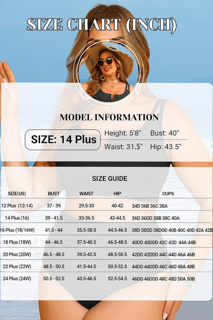 HOTWomen Plus Size High Waisted Bikini Ribbed Two Piece Tummy Control Swimsuit | V-Wired Bathing Suit, Adjustable Straps, Full Coverage, Full Lining