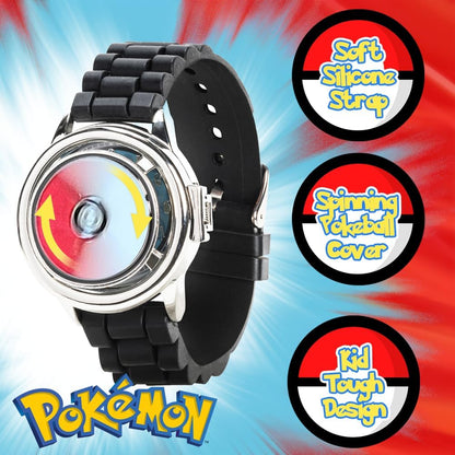 HOTPokémon Spinner Top Analog Watch for Kids – Features Iconic Poké Ball Spinner, Silver Metal Case, Comfortable Silicone Strap, and Pikachu Dial Art, Perfect for Pokémon Fans and Collectors