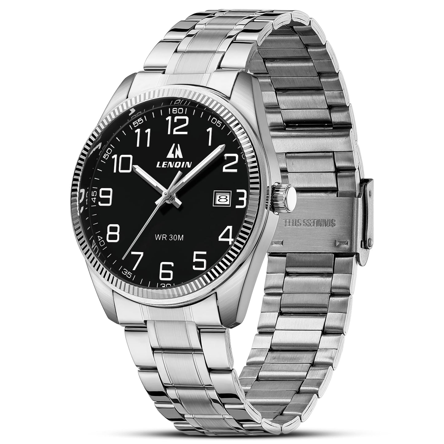 HOTLN LENQIN Mens Watches Easy Read Analog Quartz Sport Waterproof Watch for Men with Date and 38mm Stainless Steel Expansion Band