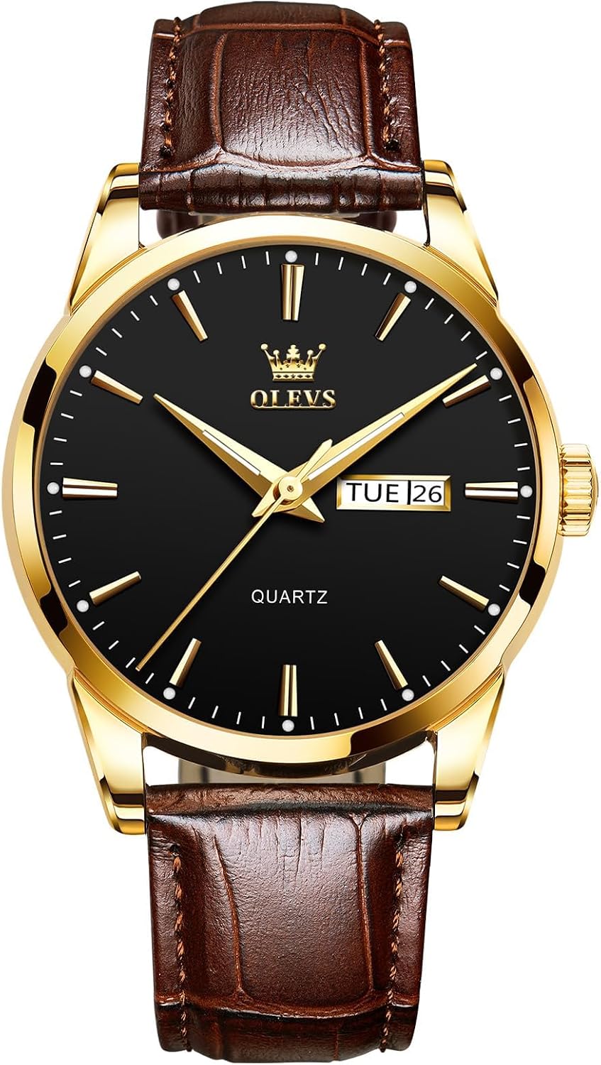 HOTQBAIZI Men's Casual Leather Watch, Easy to Read Three-Hand Analog Stainless Steel Watches for Men, Minimalist Day Date Waterproof Luminous Mens Quartz Wristwatch