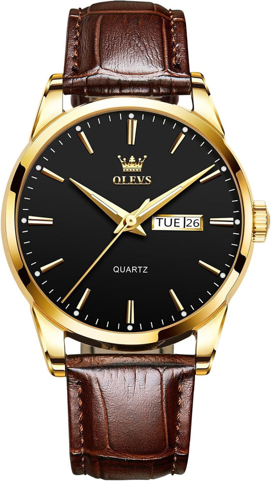 HOTQBAIZI Men's Casual Leather Watch, Easy to Read Three-Hand Analog Stainless Steel Watches for Men, Minimalist Day Date Waterproof Luminous Mens Quartz Wristwatch