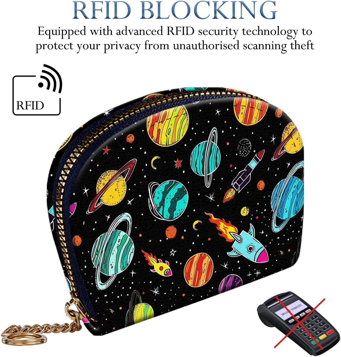 HOTRFID Credit Card Holder Wallet for Women, Small Leather Card Case with Zipper Keychain, Slim Accordion Card Organizer for Cash Coins ID Business Cards,Outer Space Planet Rocket Stars