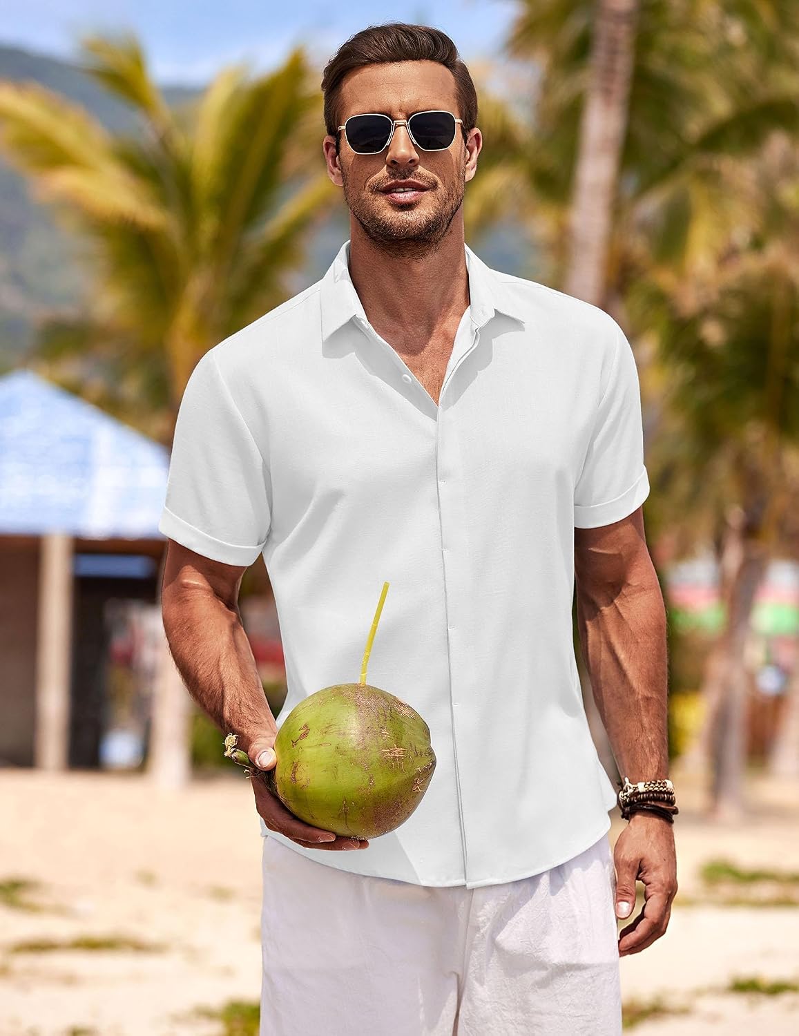 HOTCOOFANDY Men's Linen Shirts Short Sleeve Casual Shirts Button Down Shirt for Men Beach Summer Wedding Shirt