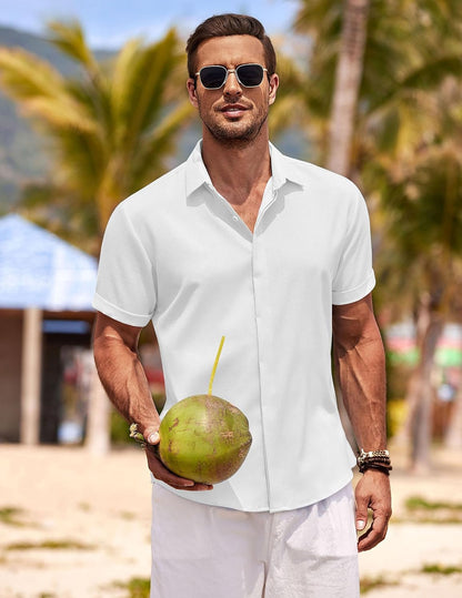 HOTCOOFANDY Men's Linen Shirts Short Sleeve Casual Shirts Button Down Shirt for Men Beach Summer Wedding Shirt