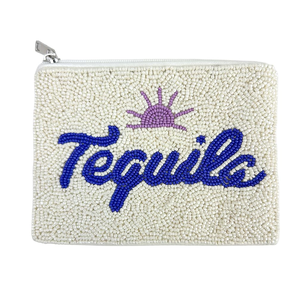 HOTBeaded Coin Purse Change Zipper Pouch Wallet Tacos & Tequila | Handmade Beadwork, Compact Organizer, Cash Holder, Card Storage, Makeup Pouch, Giftable Accessory, Everyday Carry
