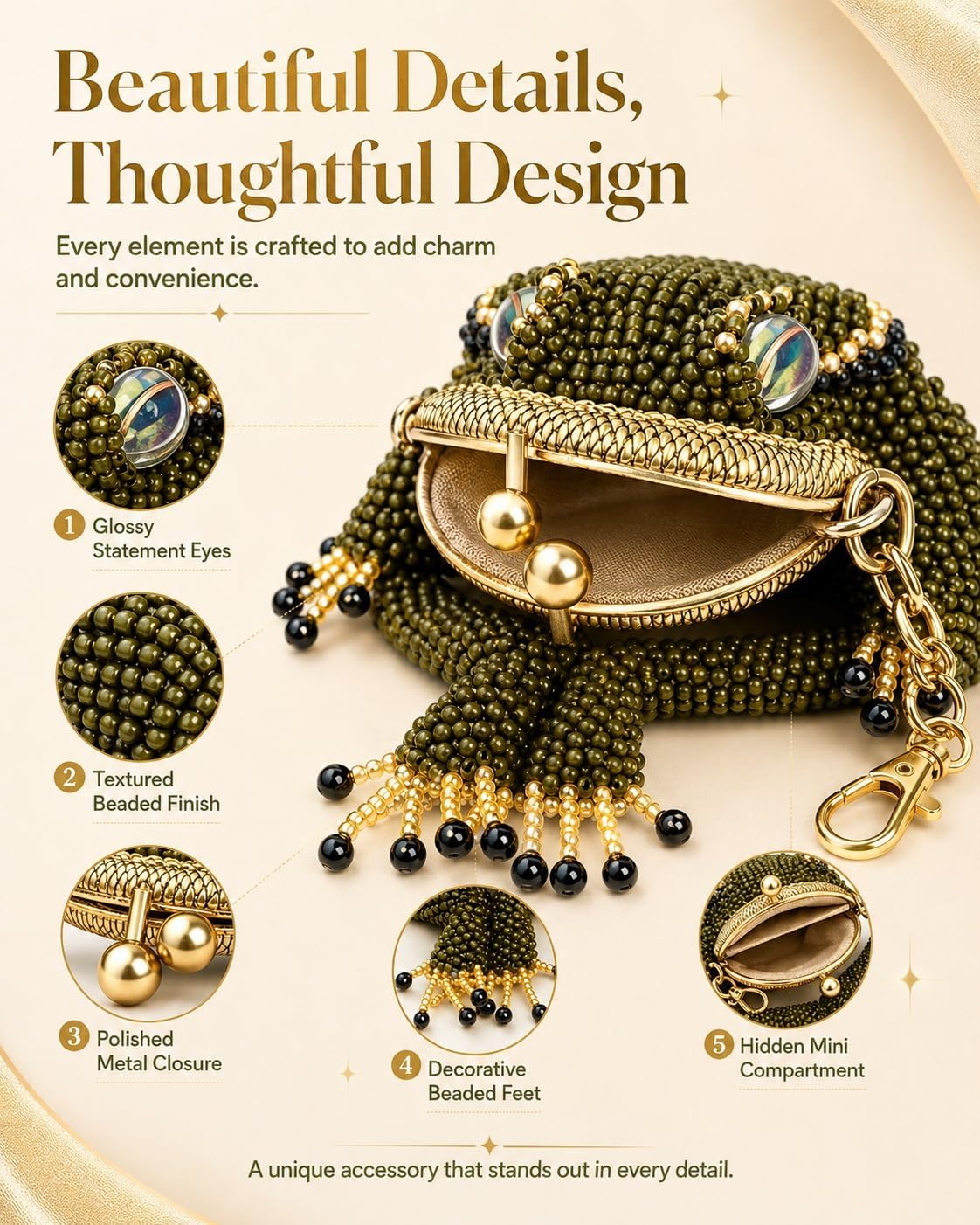 HOT2027 New Toad Coin Purse Keychain Cute Mini Frog Bag Charm with Kiss Lock Closure Beaded Lucky Pouch Hidden Storage for Coins Earbuds Jewelry Rings Women Girls Gift Accessory