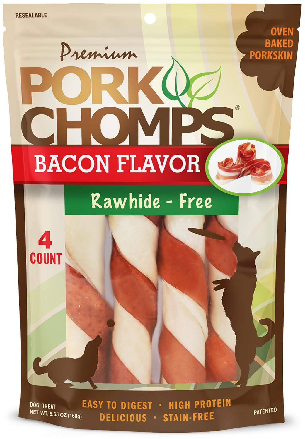 HOTPork Chomps Roasted Pork Skin Dog Chews, 6 Inch Twists, 15 Count - Long-Lasting Treats for Dogs - High Protein, Rawhide-Free, Low Fat, Healthy & Delicious Chews