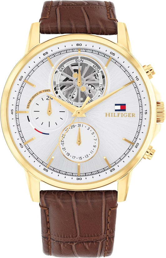 HOTTommy Hilfiger Classic Multi-Function Quartz Watch - Leather Strap Wristwatch for Men - Water Resistant Up to 5 ATM/50 Meters - Premium Fashion for Everyday Wear - 44mm