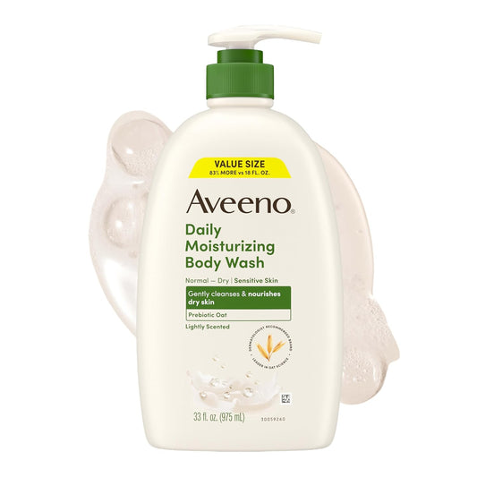 HOTAveeno Daily Moisturizing Body Wash for Normal to Dry Skin, Sensitive Formula with Prebiotic Oat, Gently Cleanses Dry Skin, Lightly Scented Body Wash for Women and Men, Value Size 33 fl. Oz