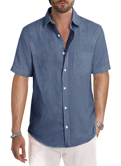 HOTJMIERR Men's Casual Stylish Short Sleeve Button-Up Striped Dress Shirt Cotton Beach Shirts