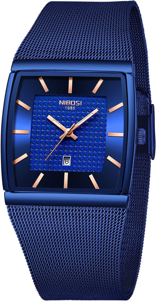 HOTNIBOSI Men's Analog Watch, Square Dial Mesh Strap, Date Display | 100 FT Waterproof, Fashion Casual Sports Business Classic Dress Quartz Wrist Watches for Men