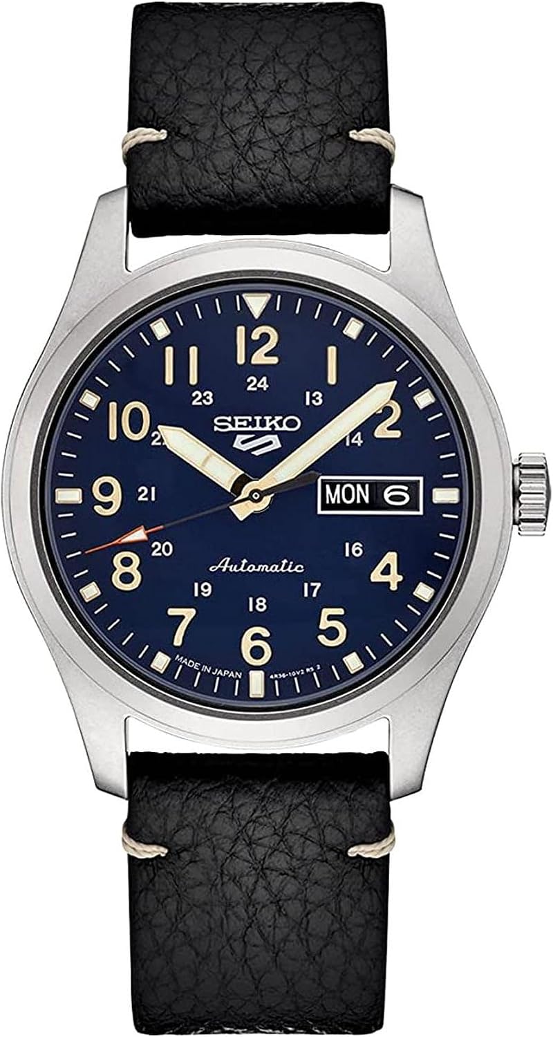 HOTSEIKO SRPG39 Watch for Men - 5 Sports - Automatic with Manual Winding Movement, Blue Dial, Stainless Steel Case, Black Leather Strap, 100m Water Resistant, and Day/Date Display