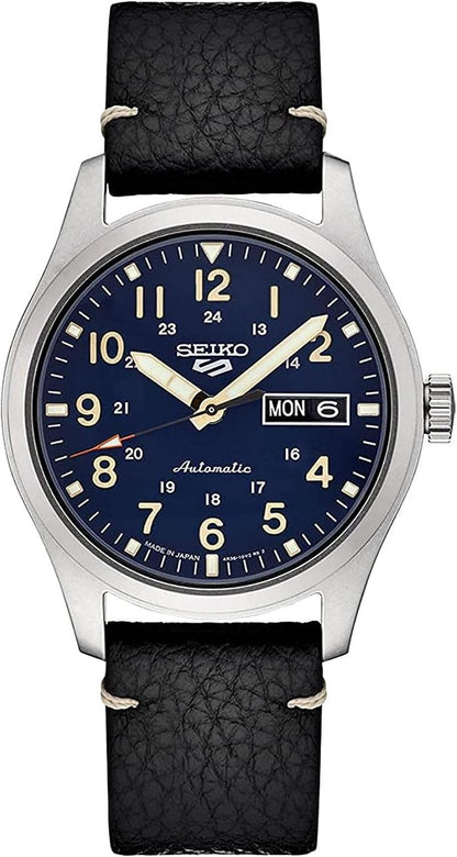 HOTSEIKO SRPG39 Watch for Men - 5 Sports - Automatic with Manual Winding Movement, Blue Dial, Stainless Steel Case, Black Leather Strap, 100m Water Resistant, and Day/Date Display