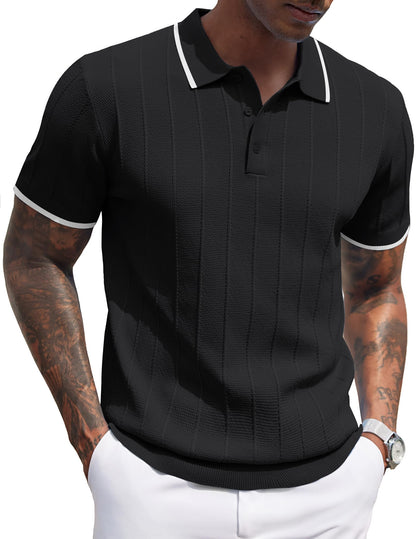 HOTCOOFANDY Mens Knit Polo Shirts Short Sleeve Ribbed Textured Polo Shirt Lightweight Casual Golf Shirts Collared T Shirt