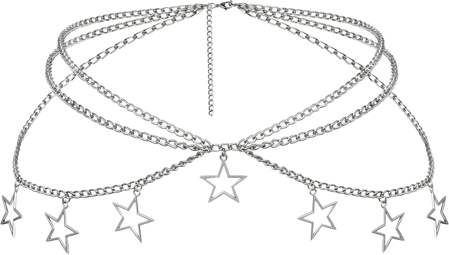 HOTGoth Y2k Star Waist Chain Belt, Punk Emo Grunge Aesthetic Body Jewelry