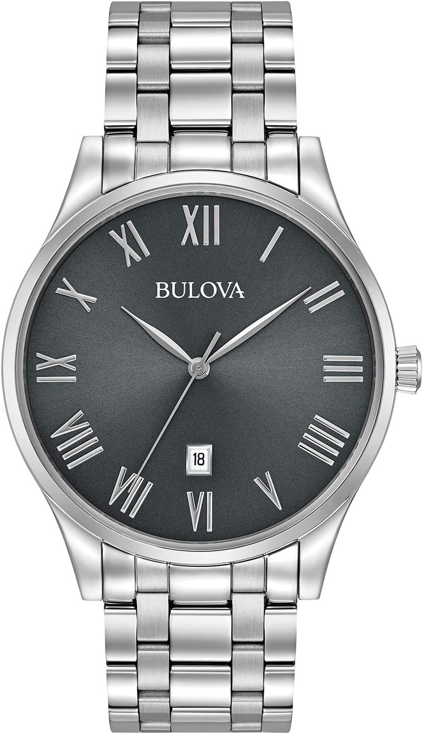 HOTBulova Men's Classic Stainless Steel 3-Hand Date Calendar Quartz Watch, Grey Dial with Roman Numeral Markers Style: 96B261