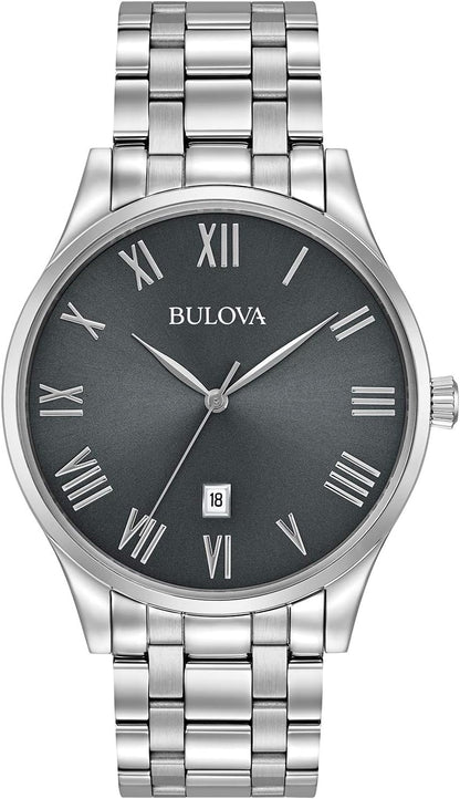 HOTBulova Men's Classic Stainless Steel 3-Hand Date Calendar Quartz Watch, Grey Dial with Roman Numeral Markers Style: 96B261