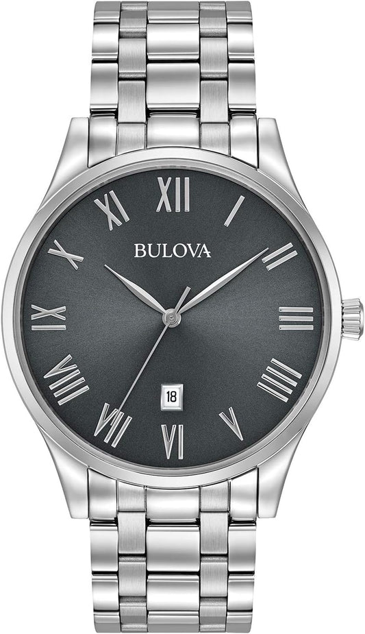 HOTBulova Men's Classic Stainless Steel 3-Hand Date Calendar Quartz Watch, Grey Dial with Roman Numeral Markers Style: 96B261