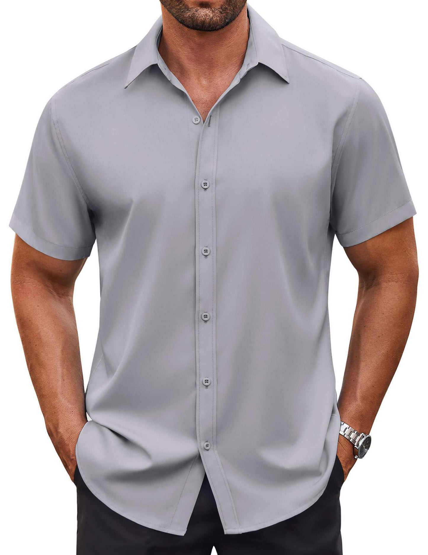 HOTCOOFANDY Men's Button Down Shirt Short Sleeve Dress Shirt Casual Beach Summer Wedding Shirt