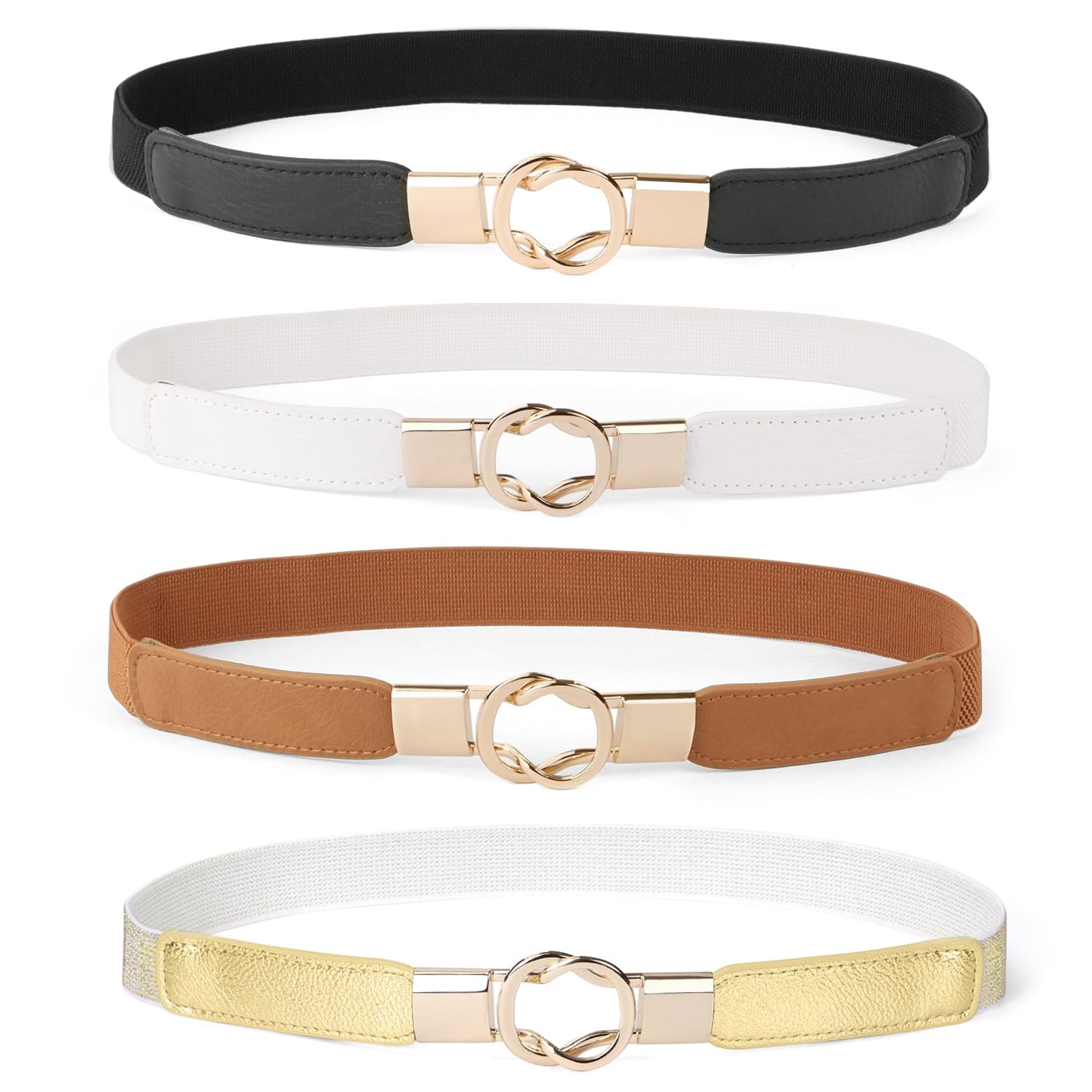 HOTWERFORU Women Skinny Belt for Dresses Retro Stretch Waist Belt with Gold Buckle Set of 4