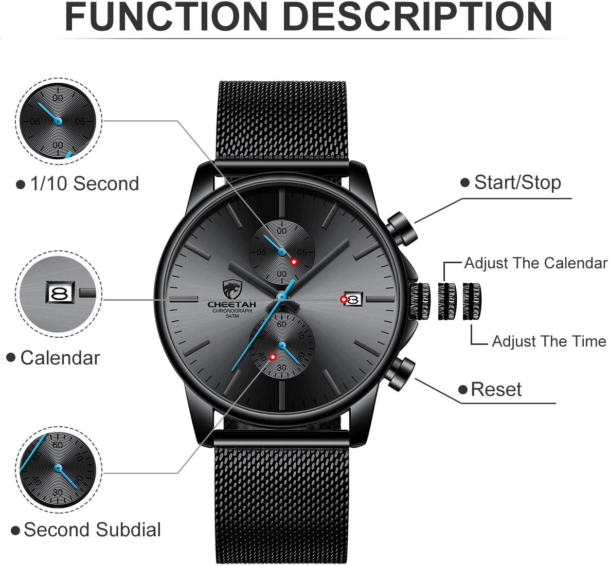 HOTGOLDEN HOUR Mens Watch Fashion Sleek Minimalist Quartz Analog Mesh Stainless Steel Waterproof Chronograph Watches for Men with Auto Date